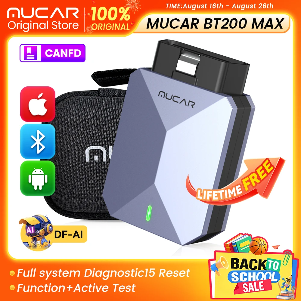 MUCAR BT200 MAX Ai Car diagnostic scanner tool OBD2 full system 15 reset bi-directional lifetime free update code reader CANFD