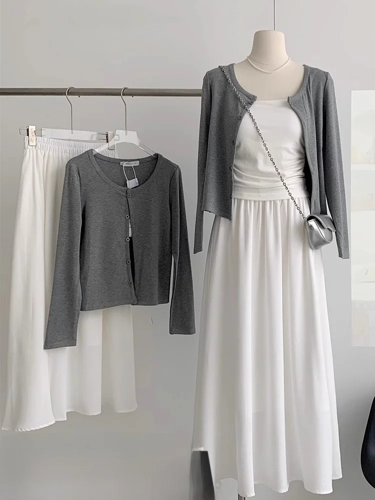 Gray Knitted Open Cardigan Women's Korean Style Summer Outfit with Strap Long Sleeve Chic Top Outerwear Cover up Coat