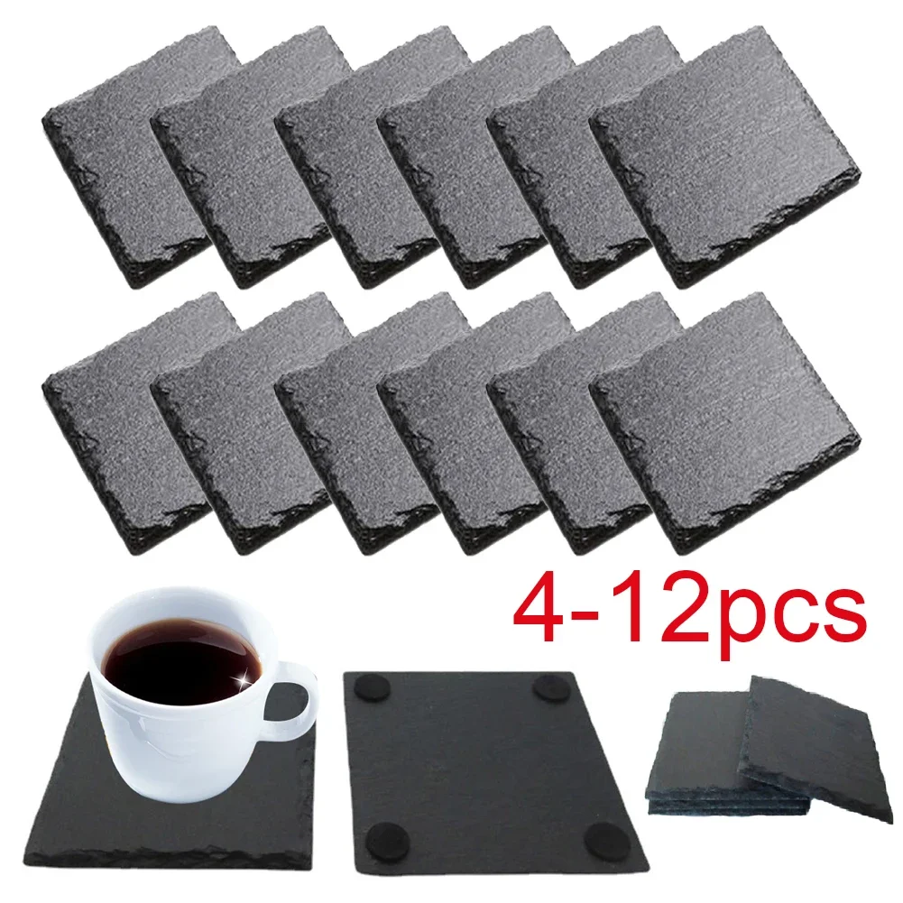 4-12pcs Stone Coasters Square Slate Drink Coasters for Cups Bar Mugs Glasses Kitchen Cup Mat Drink Coaster for Kitchen Gadgets