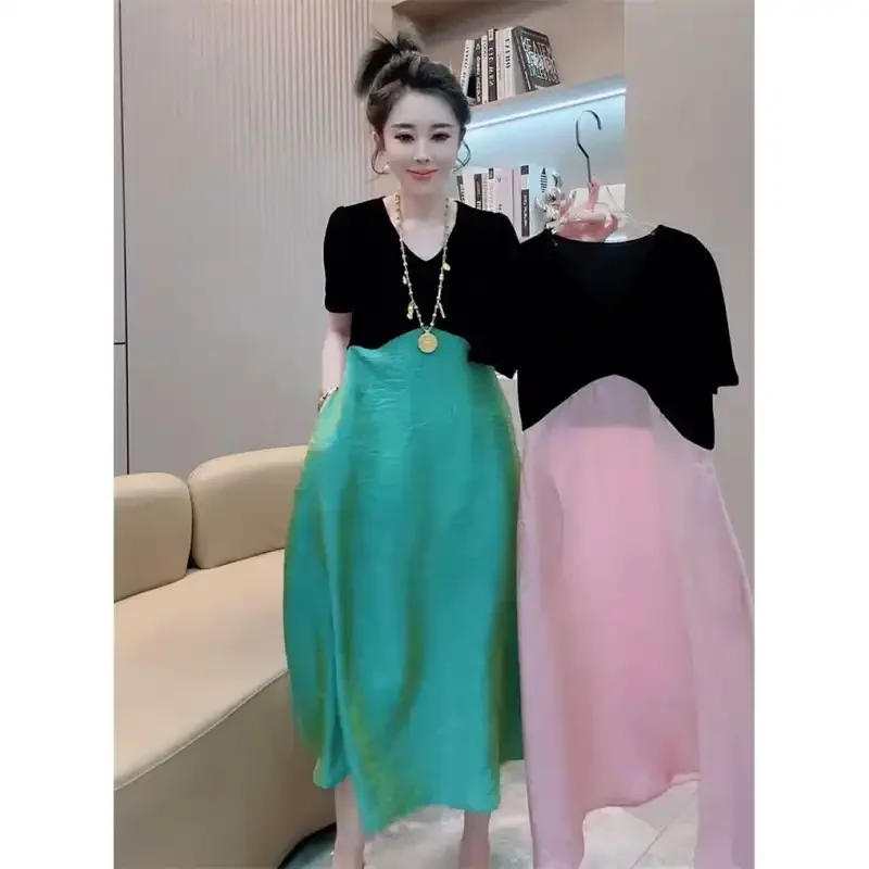

V Neck Loose A Line Midi Dress With Solid Color Elegant Fashion Style For Women Spring Summer Wear
