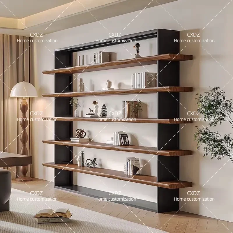 Solid Wood Wall Shelf Multi Layer Display Storage Rack Wrought Iron Floor Standing Bookcase for Office Study Living Room