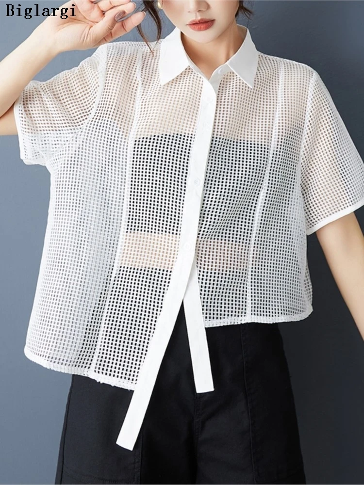 

Oversized Summer Shirts Women Hollow Out See Through Fashion Irregular Ladies Cropped Blouses Loose Casual Woman Shirt