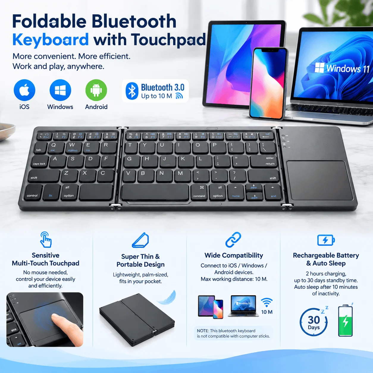 Foldable Bluetooth Keyboard Portable Mini Wireless Keyboard with Touchpad Compact Pocket Size Design for Android Windows PC iOS Tablet Smartphone Laptop Office Travel Home Typing and Mobile Work Rechargeable Lightweight Keyboard with Built In Touchpad