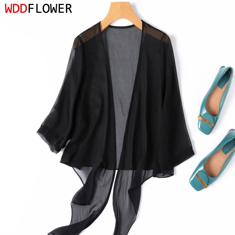 Women Cardigan 100% Natural Mulberry Silk Thin type Solid Black Bow-tied bottom Shawl Cappa Blouse Top Shirt M1133