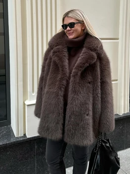 Abrigo grueso y cálido de piel sintética para mujer, abrigo de manga larga con cuello vuelto, chaqueta mullida informal de alta calidad, prendas de vestir de otoño e invierno