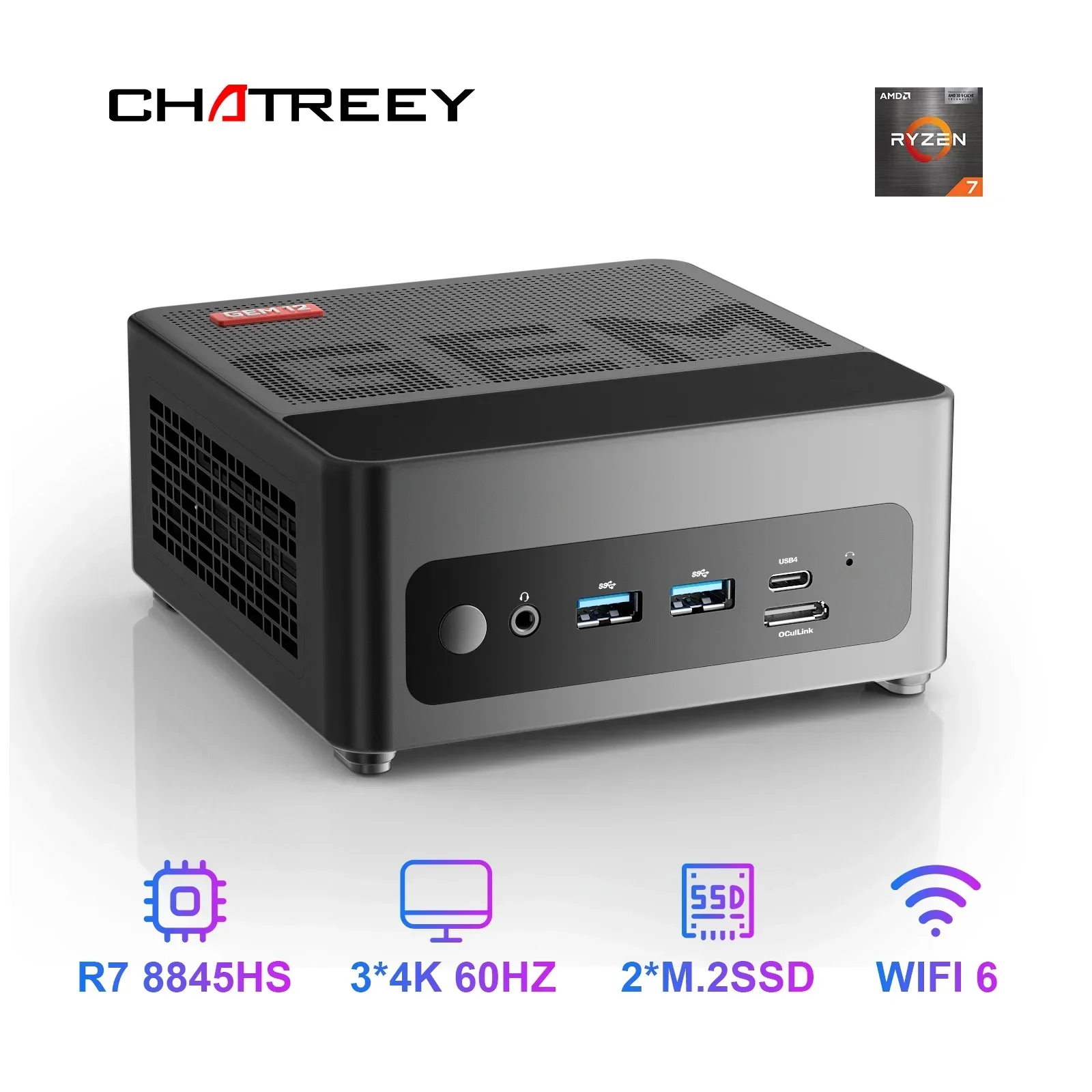 Chatreey-ミニゲーム用デスクトップコンピューター,r7,8845hs,780m,r9,6900hx,680m,wifi,6,bluetooth 5.2,ocuilink,hdmi,dp,usb 4.0