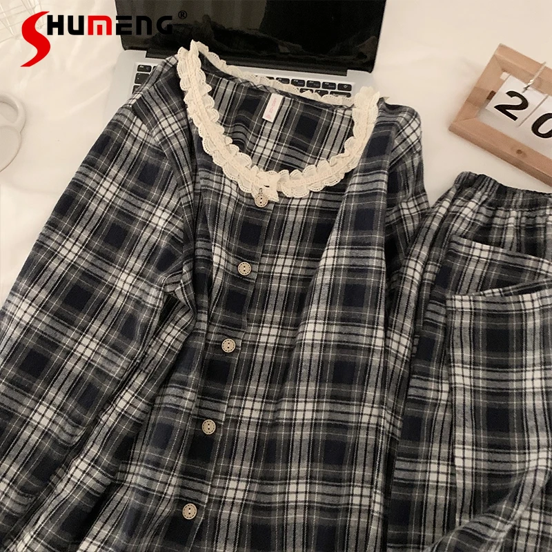

Sweet Elegant Lace Plaid Pajamas for Women Spring Autumn Long Sleeve Homewear Set Female Pure Cotton Loose Sleep Lounge