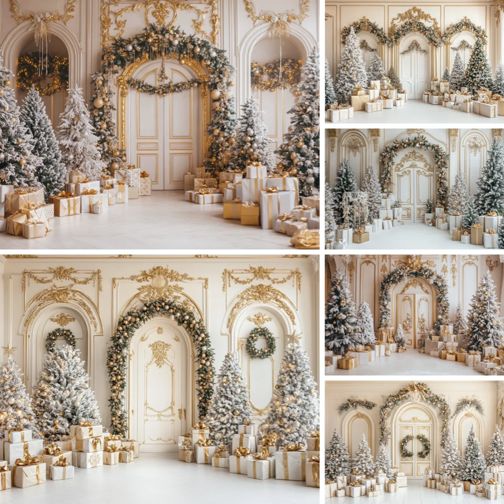 

Photography Background Christmas Beige Arch Door Xmas Tree Kids Family Portrait Decor Backdrop Photo Studio