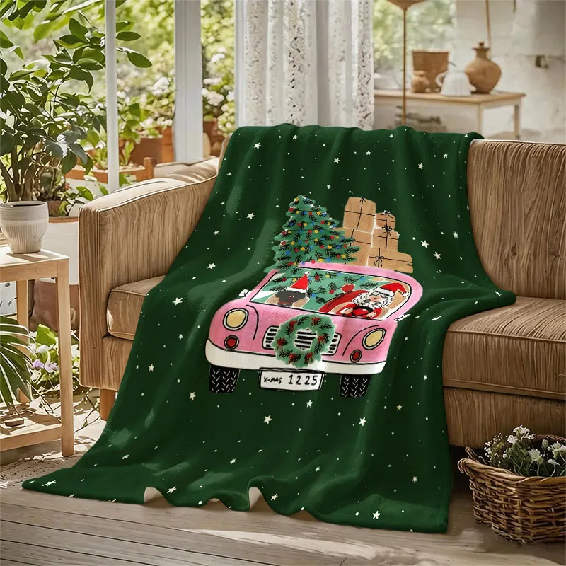 Xmas Santa Car Flannel Blanket Warm Soft Halloween Christmas Decorative Couch Warm Cozy All-Season Gift