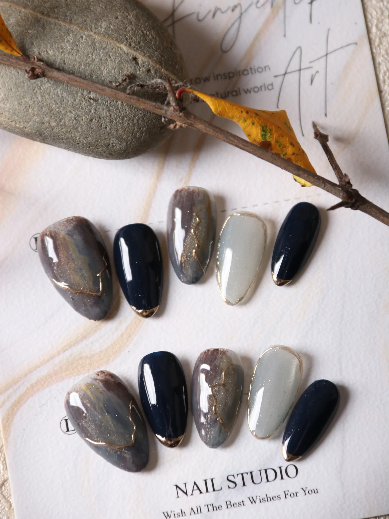 10Pcs Short Acrylic Press on Nails Dark Blue Halation Fake Nails Includes 1 Sheet of Adhesive Tabs & 1 Pc Mini File