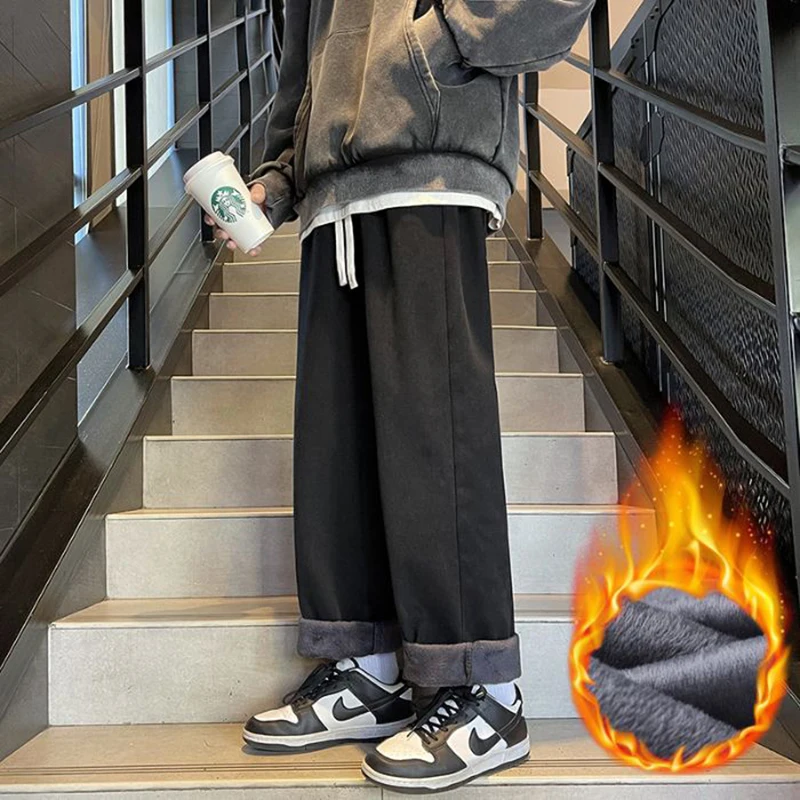 

Мужские новые зимние теплые плюшевые эластичные джинсы, мужские модные утолщенные джинсовые брюки на флисовой подкладке, повседневные уличные брюки