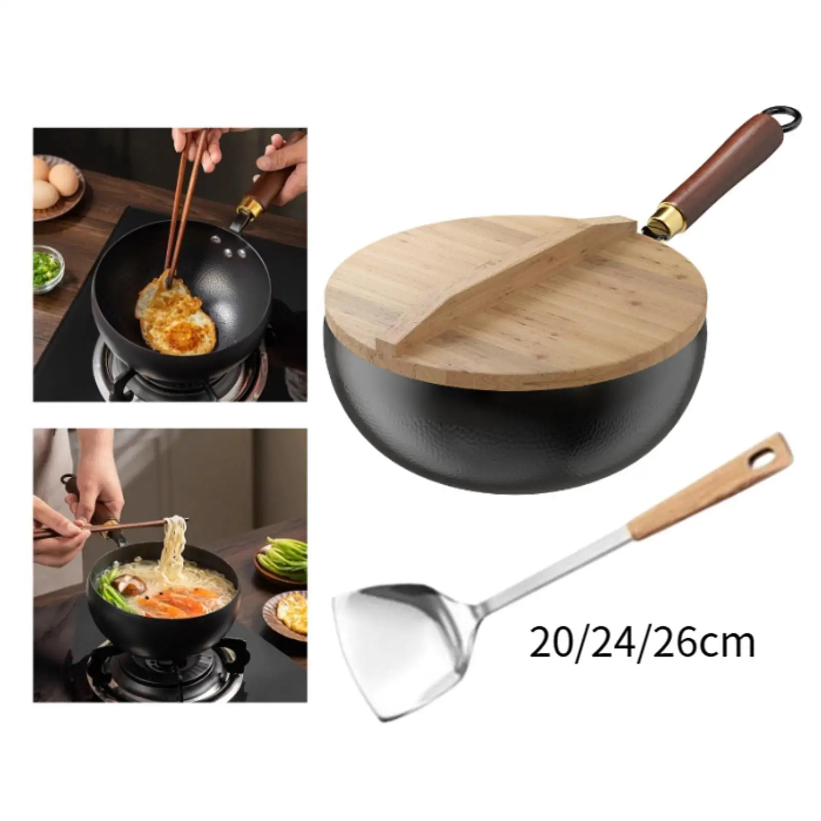 

Антипригарный вок, китайский вок, длинная ручка с подвесным крючком, ручная ковка, железная сковорода с крышкой для кухни, ресторана, дома, кемпинга