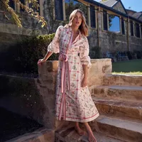 Casual Cotton Linen Long Dress with Flower Pattern Independent Station Open Cardigan Style Women's Clothing from Mainland China