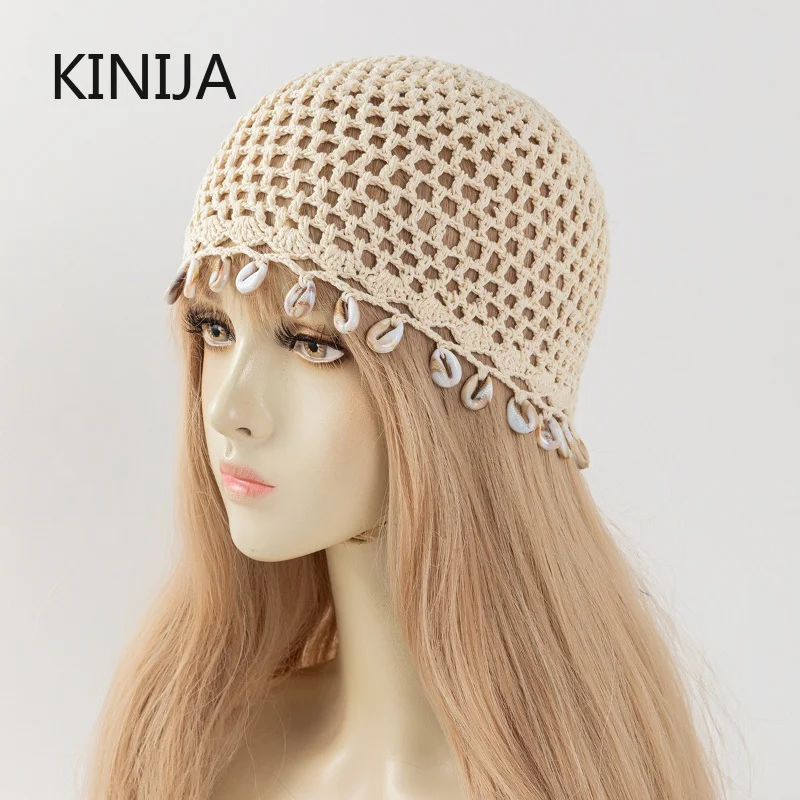 Bawełniana szydełkowa czapka typu beanie z muszelkami, dekorowana muszelkami, ręcznie robiona czapka dziergana, oddychająca ażurowa czapka, letnia czapka w stylu bohemy, czapka wkładana przez głowę