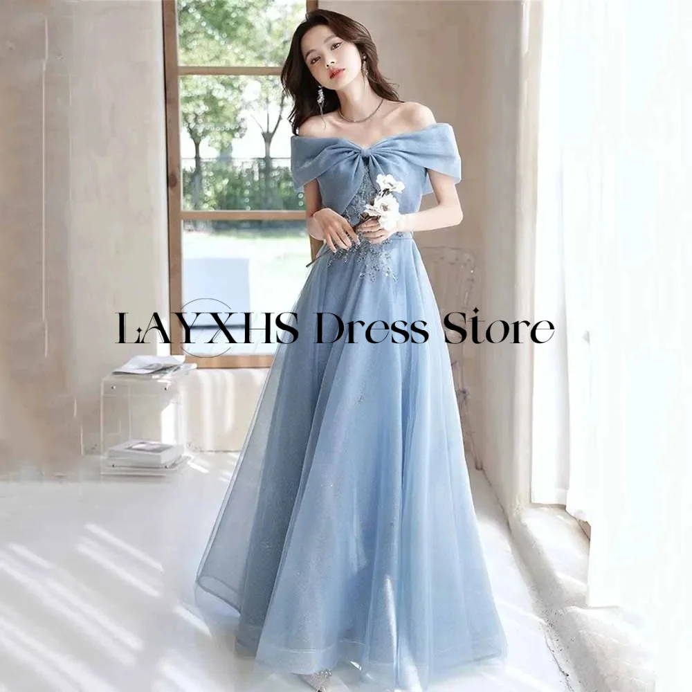 

Glitter Dusty Blue Korea Evening Dresses A Line Off Shoulder Tulle Sequin Wedding Party Dress Photo Shoot Prom Gown Customized