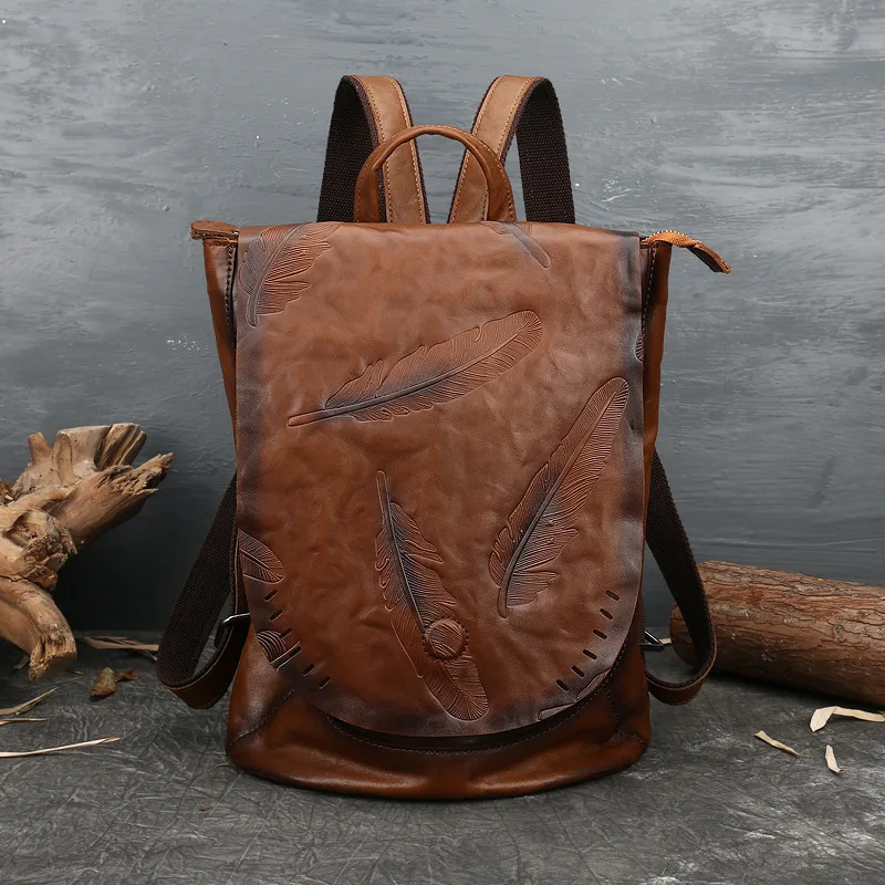 

Women's Genuine Leather Backpack High Quality Cowhide Chinese Style Vintage Feathers Embossing Large Capacity Travel Backpack