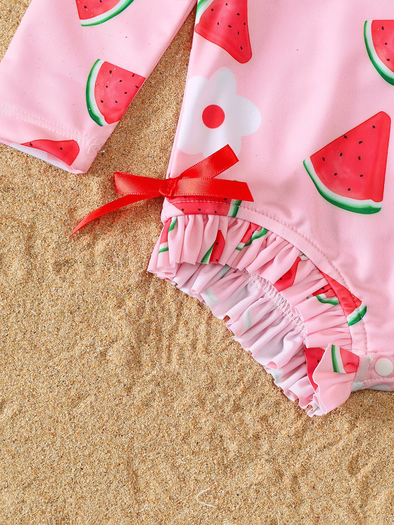 Baby Mädchen Sommer Wassermelonen-Muster Langarm-Badeanzug mit Sonnenhut Säuglings-Schwimmanzug-Set – Detail 4