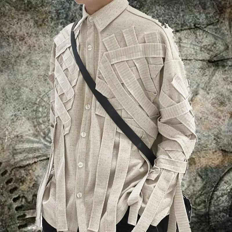 

2025 Streetwear Autumn and Winter Casual Korean Splicing Tassel corduroy Long Sleeve Shirt Top Thick men's shirt top