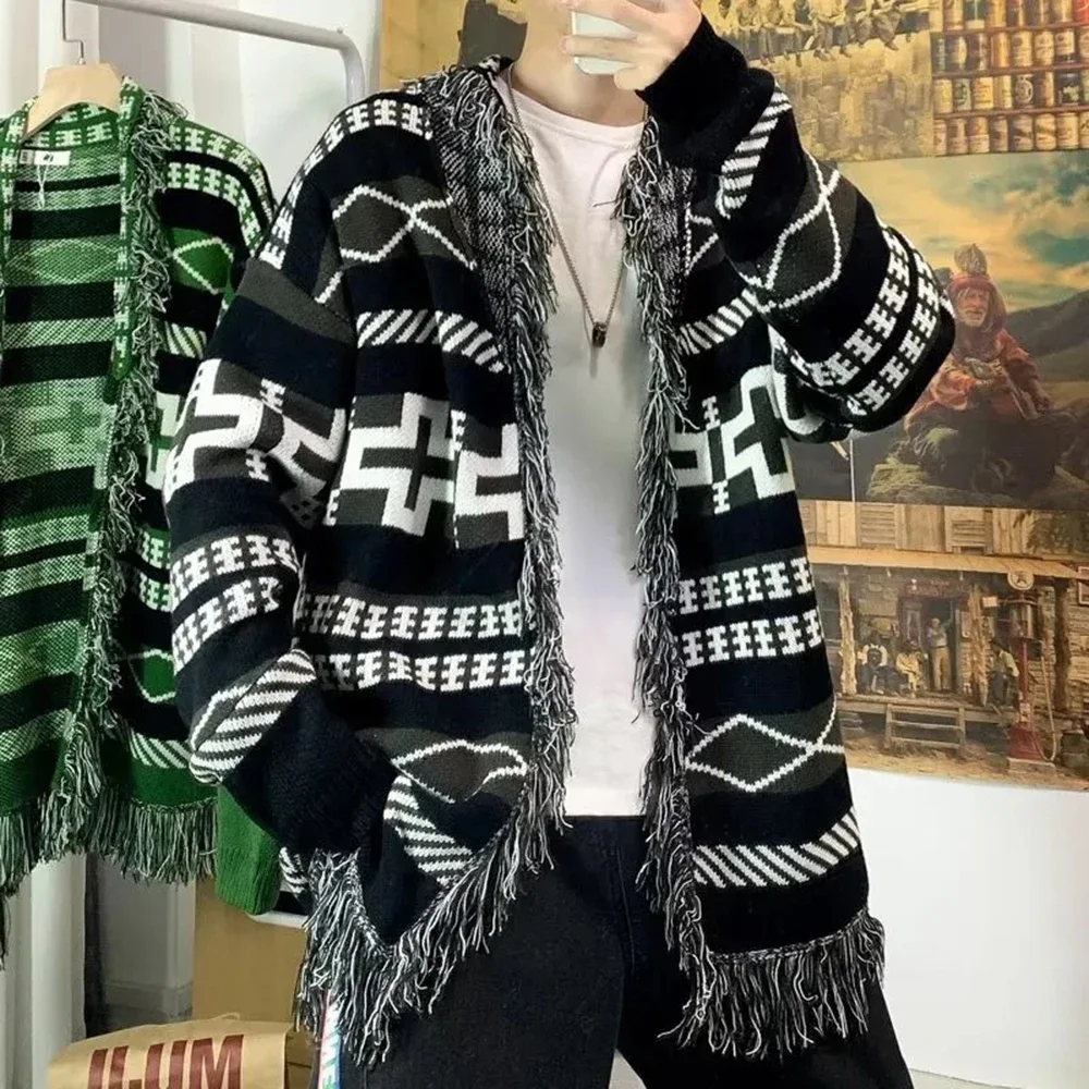 Mens Cardigan Geometric Fringe Designer Knitted Robe Streetwear Fashion Luxury Warm Valentines Sweater Men'S Clothing  New