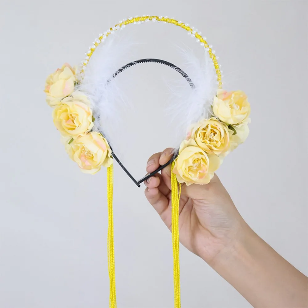

Elegant Feather Flower Headband Bead Seven Fairy Tassel Hair Hoop Chinese Style Elf Hanfu Hair Accessories Cute Headdress