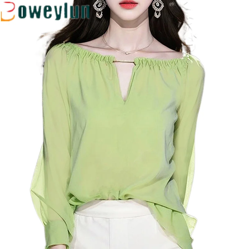 

Boweylun Early Autumn Green Chiffon Long Sleeve Shirt Women Fashion Round Neck Tops Girls