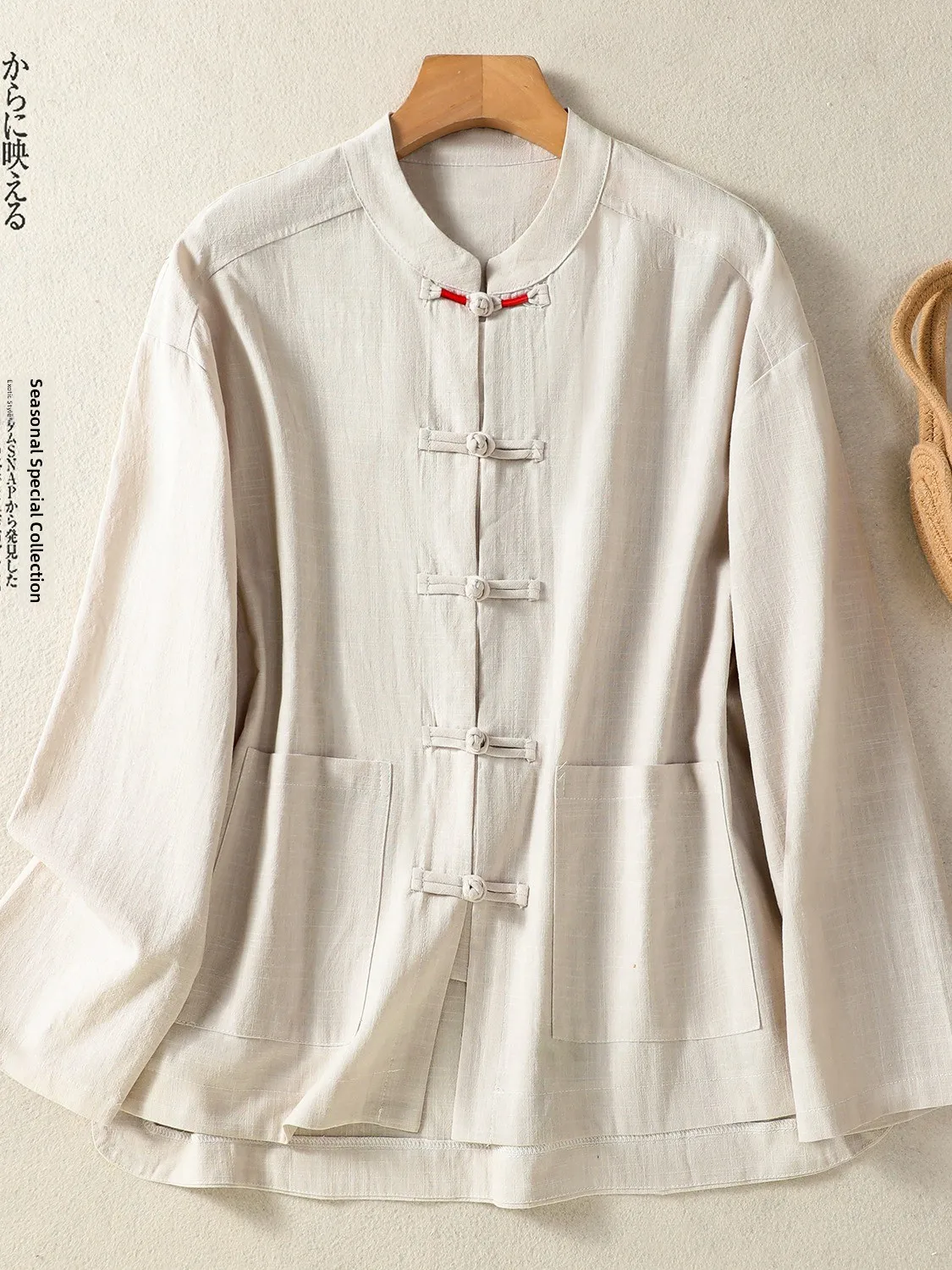 Handmade Chinese Style Women's Long Sleeve Linen Shirt Collar Button up Pure Color Loose Fit Casual Outerwear New Autumn Fashion