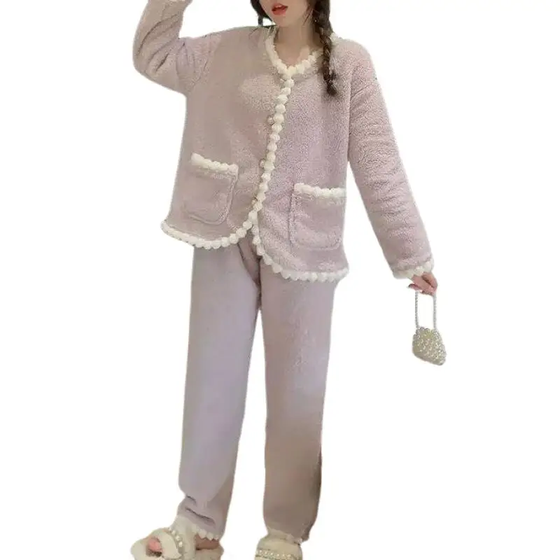 الأميرة الدانتيل المرجان الخامس الرقبة المخملية منامة مجموعات فتاة طويلة الأكمام الحلو Kawaii الترفيه ارتداء الدفء الخريف الشتاء الملابس جديد