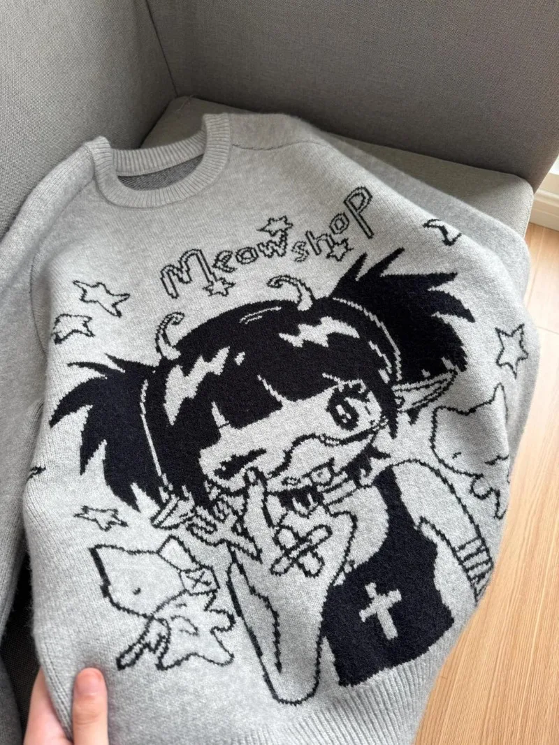 Long Sleeve Pullovers Sweaters Y2k Women Knitted Graffiti Vintage Japanese Kawaii Sweet Gray Sueter Mujer Preppy Style