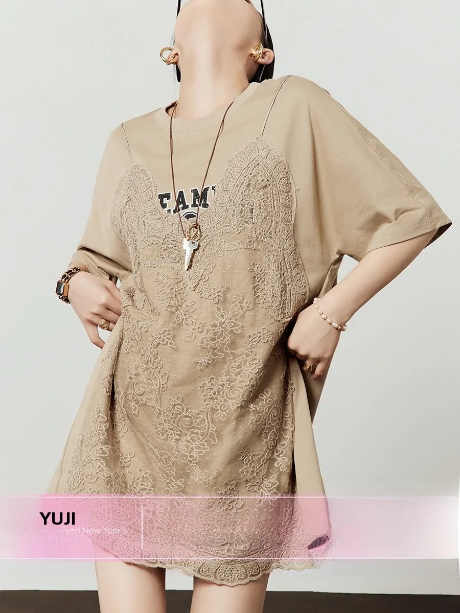 

Коричневая футболка женская, летняя, новый дизайн, кружевная сращивание, искусственная двухсекционная, средней длины, дышащая, пот