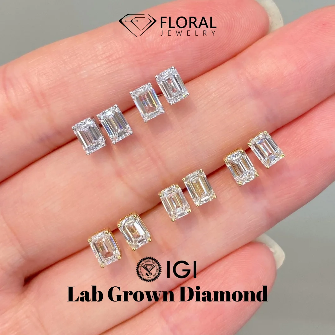 IGI Emerald Cut Lab Diamond Earrings 14kt Yellow Gold Studs 1ct 2ct 3ct CVD HPHT Certified High Quality Fine Jewelry for Women
