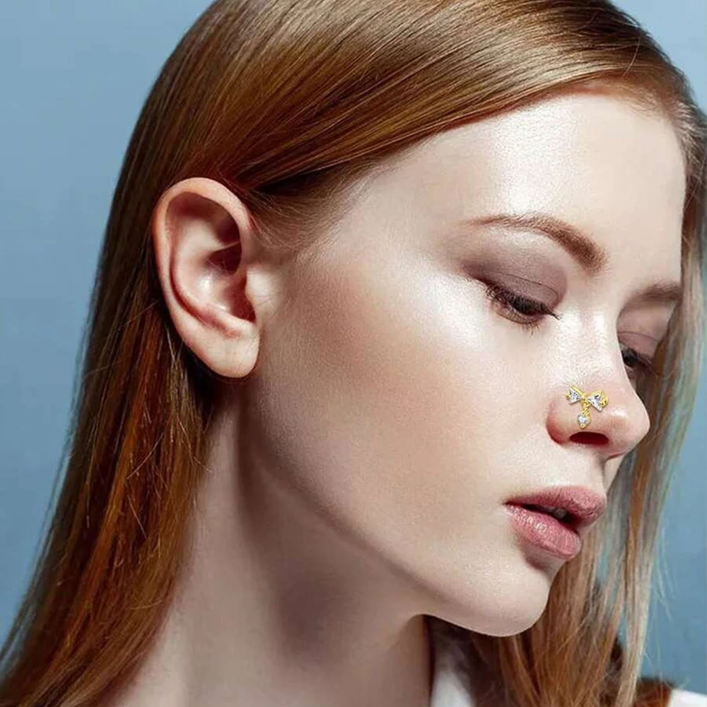 20G Nose Rings Stud, Stainless Steel L Shape Dangling Nose Piercing Jewelry, Flower Butterfly Moon Star CZ Cute Nose Piercing view 3