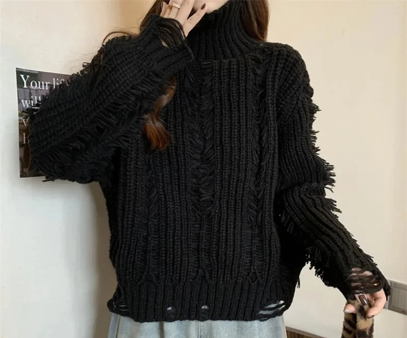 

Осенне-зимний новый универсальный вязаный свитер, топ с женским дизайнерским свитером с кисточками и высоким воротником, пуловер