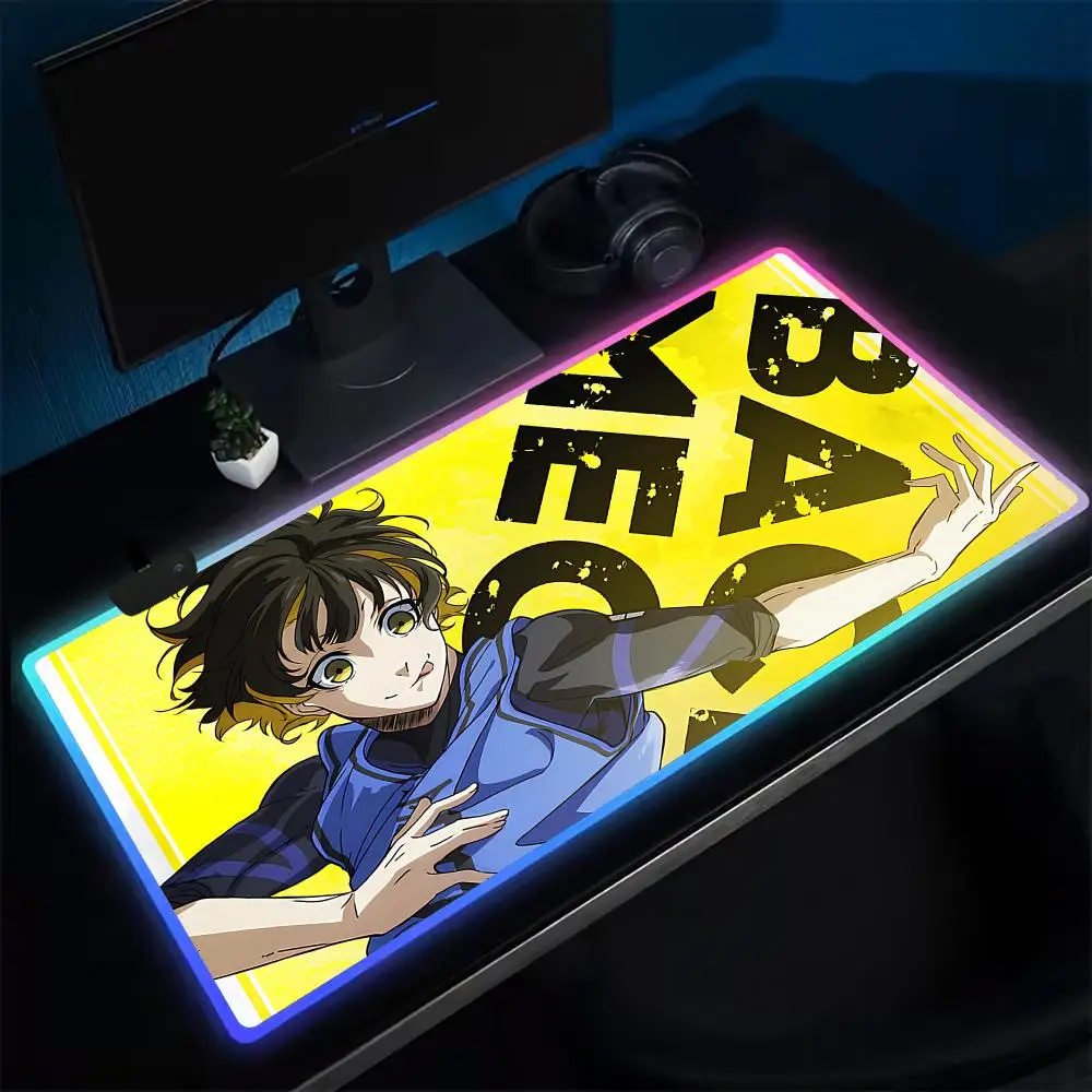 Football B-BLUE LOCK Mouse Pad Anime Gaming Mouse Pad LED Table Pads Backlit Rubber Desktop XXL Mousepad RGB Desk Mats