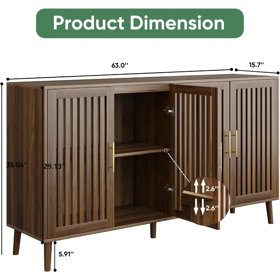 خزانة بوفيه مع تخزين 63 خزانة جانبية من خشب الجوز مع أبواب شبكية، رف قابل للتعديل، خزانة تخزين بار القهوة الخشبية للمطبخ L #2