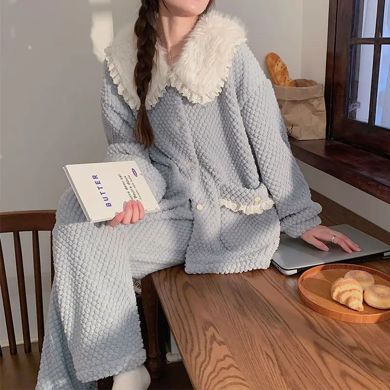 Pijamas de invierno para mujer, traje de lana coral, ropa de dormir holgada y cómoda, conjunto de pijama grueso con forro polar para mantener el calor, ropa de casa de franela