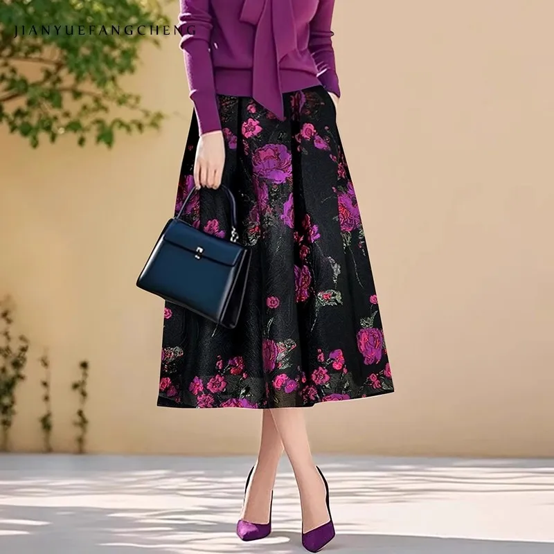 

Vintage Floral Printed Women' Mid-length Skirt Elastic Waist A-line Pleated Skirts With Pockets Elegant Flowing Jacquard Skirts