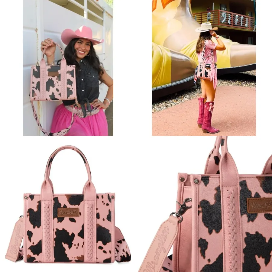 Bolso Tote con Estampado de Vaca Wrangler para Mujer, Bolso de Mano Estilo Western Boho con Asa Superior y Correa Distintiva