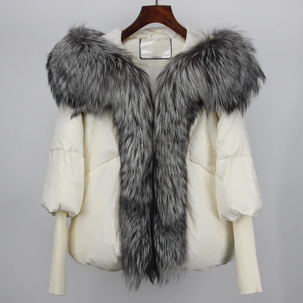 بطة أسفل معطف الشتاء فضفاض كبير الحجم سترة منفوخة المرأة سميكة الدافئة الشارع الشهير ريال فوكس الفراء طوق مقنعين ملابس خارجية طبيعية