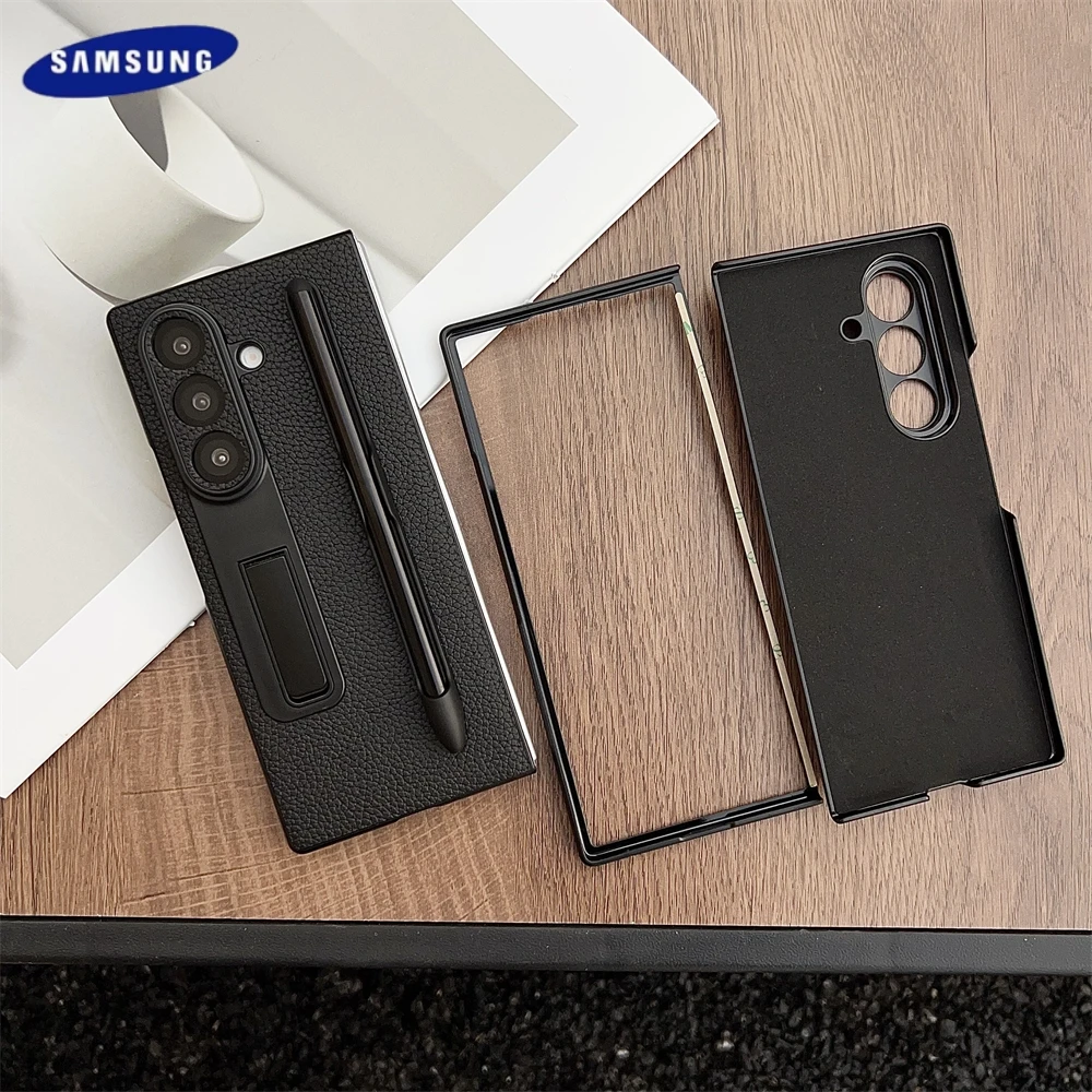 Mode Lychee textuur met pensleuf hoesje voor Samsung Galaxy Z Fold 7 6 5 PU mat lederen patroon cover schokbestendige luxe cover