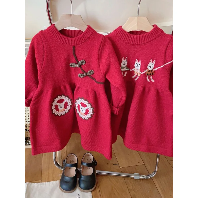 

Children's Dress Winter Western Style Red New Year Clothes Baby Girl Rabbit Year Embroidered Knitted Sweater Princess Dress