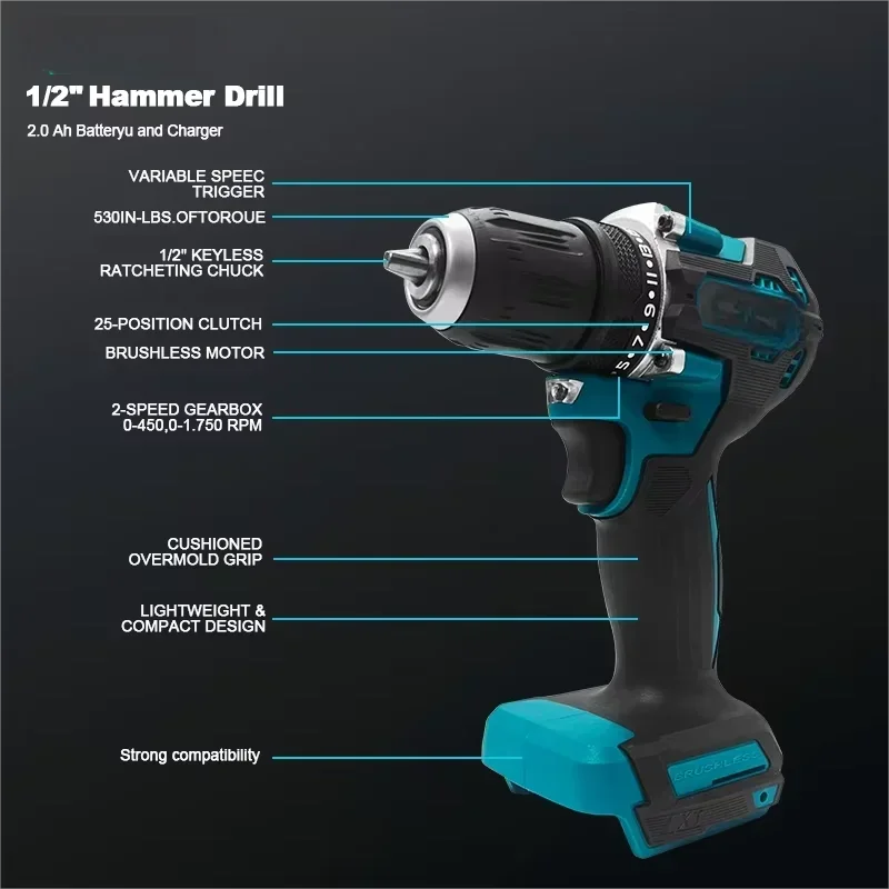 

For Makita 18V Battery Pin 1/2 Inch 1700RPMDrill Brushless Motor Lithium Electric Cordless Drill Compact Hammer Drive