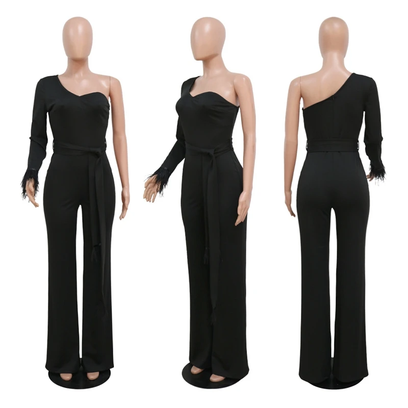 Sang Trọng Tối 1 Vai Jumpsuit Nữ Sang Trọng Cưới Một Bộ Lông Vũ Dài Tay Liền Quần Gợi Cảm Romper Áo Liền Quần Đảng Câu Lạc Bộ Trang Phục