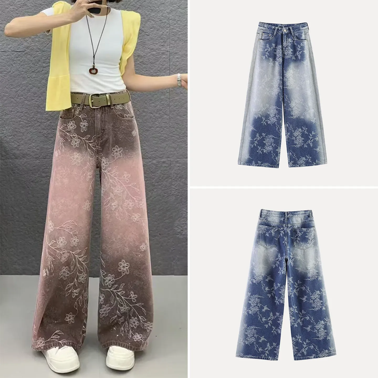 

Slimming Wide Leg Pants Fashionable Embroidered Two Colors Bright Silver Natural Waist Standard Fit Ladies Jeans Summer 2026