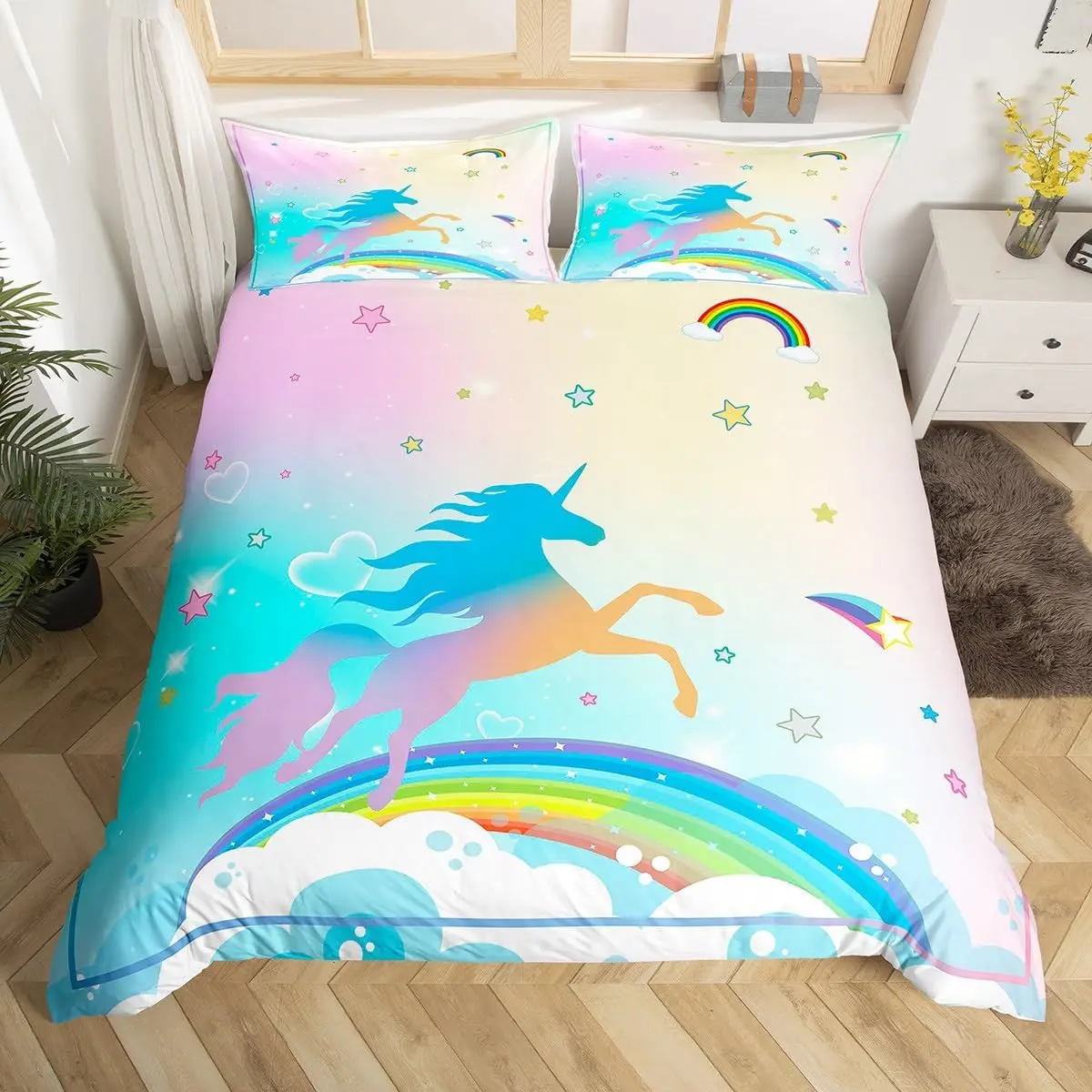 Kawaii Cartoon Unicorn Duvet Cover Set Girly Fantasy Star Moon Galaxy Bedding Set Twin Queen Microfiber Leaves Comforter Cover