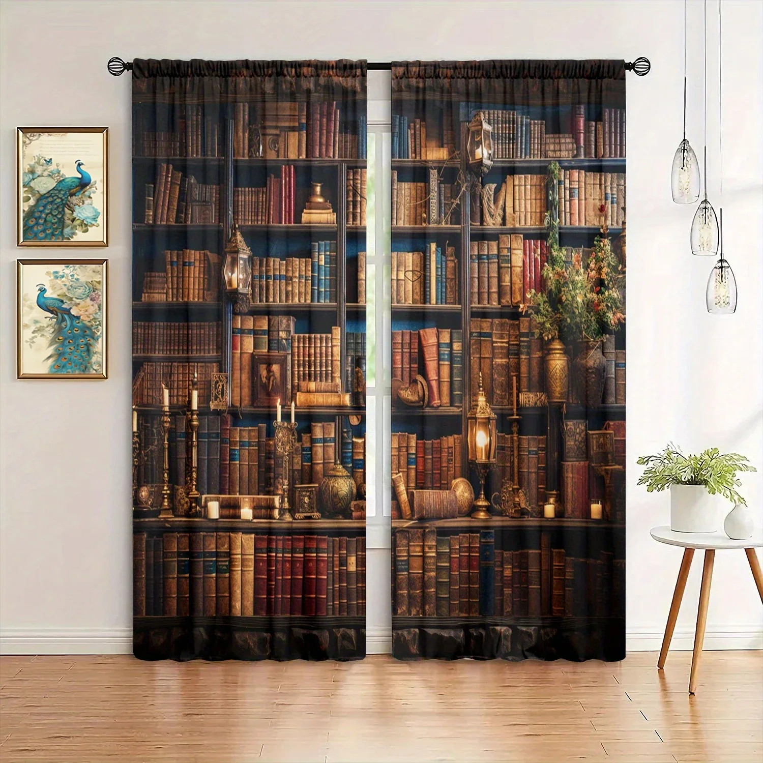 2pcs Middle Ages Bookcase Printed Curtain for Home Decor - Rod Pocket Window Treatment for Bedroom, Office, Kitchen, Living Room