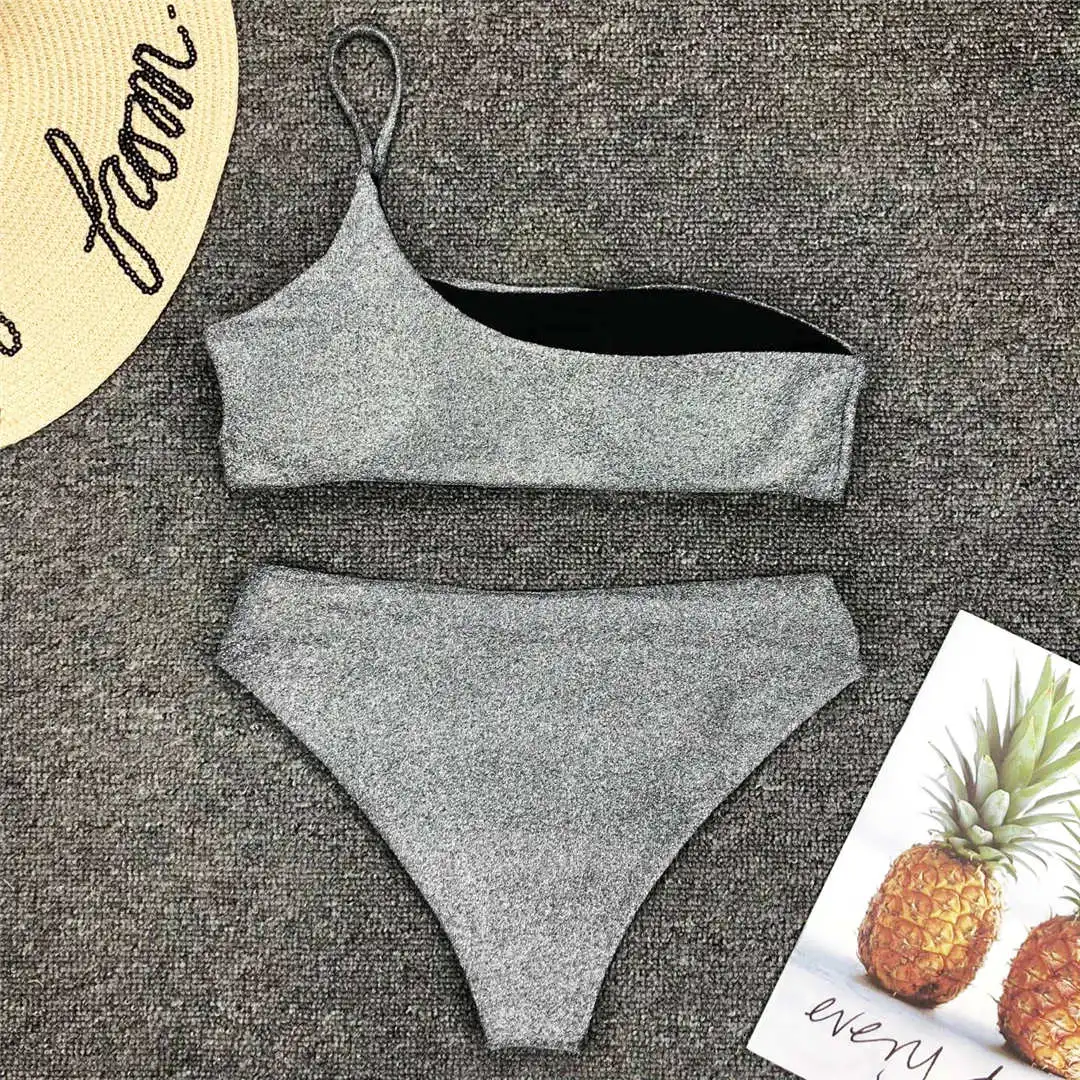 Glitzernder, funkelnder Bikini mit hoher Taille, Damen-Badeanzug, zweiteiliges Bikini-Set, One-Shoulder-Badeanzug V1264 – Detail 19