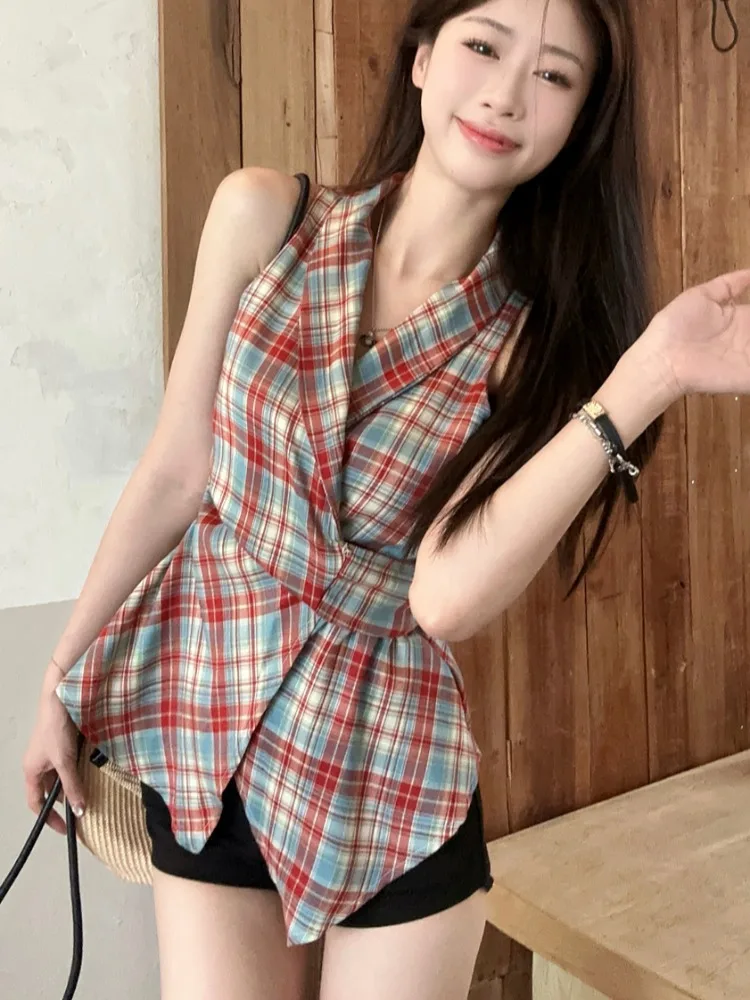 

Elegant Necktie V-neck Knot Top Women's Summer Slimming Sleeveless Vest High Waist Belted Fashionable Casual Wear