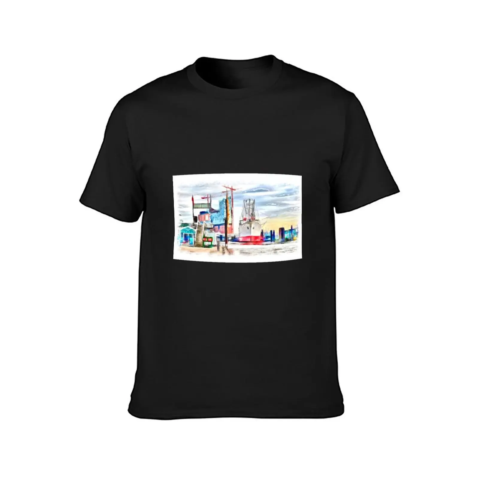 Hamburg Port (Painting) T-Shirt Blouse oversizeds vintage clothes Men's cotton t-shirt