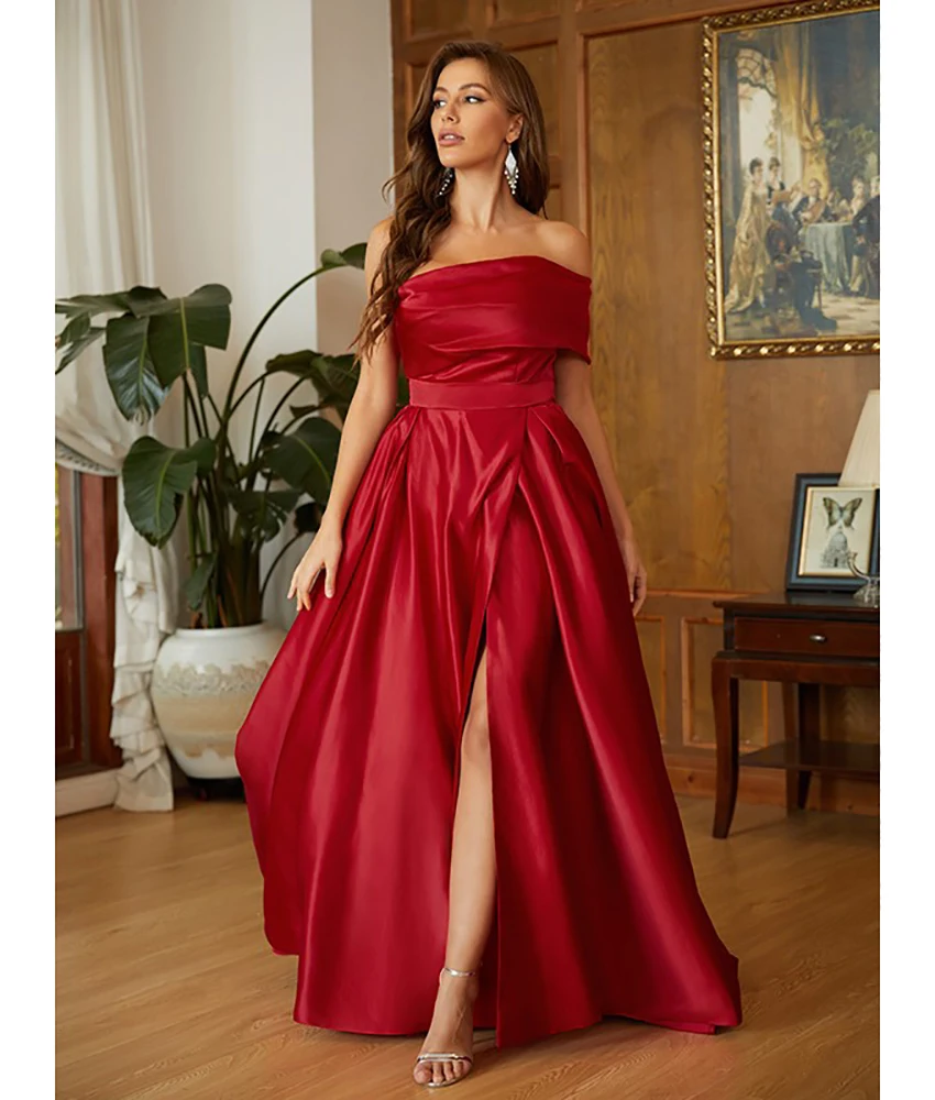 

Customized Fashion Satin A-Line Off the Shoulder Evening Dress Delicate Short Sleeves Boat Neck Floor Length Homecoming Gowns