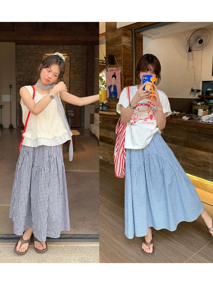 

Sisilyon Spring Summer Plaid A-Line Skirt Women's Small Size Vintage f-length Skirts Regular Fit High Waist Gored Skirt